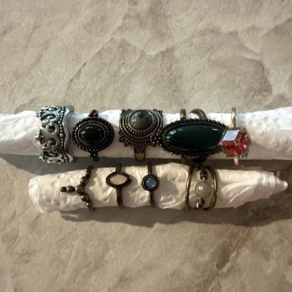 Vintage Style Black and Green Ring Set Of 9